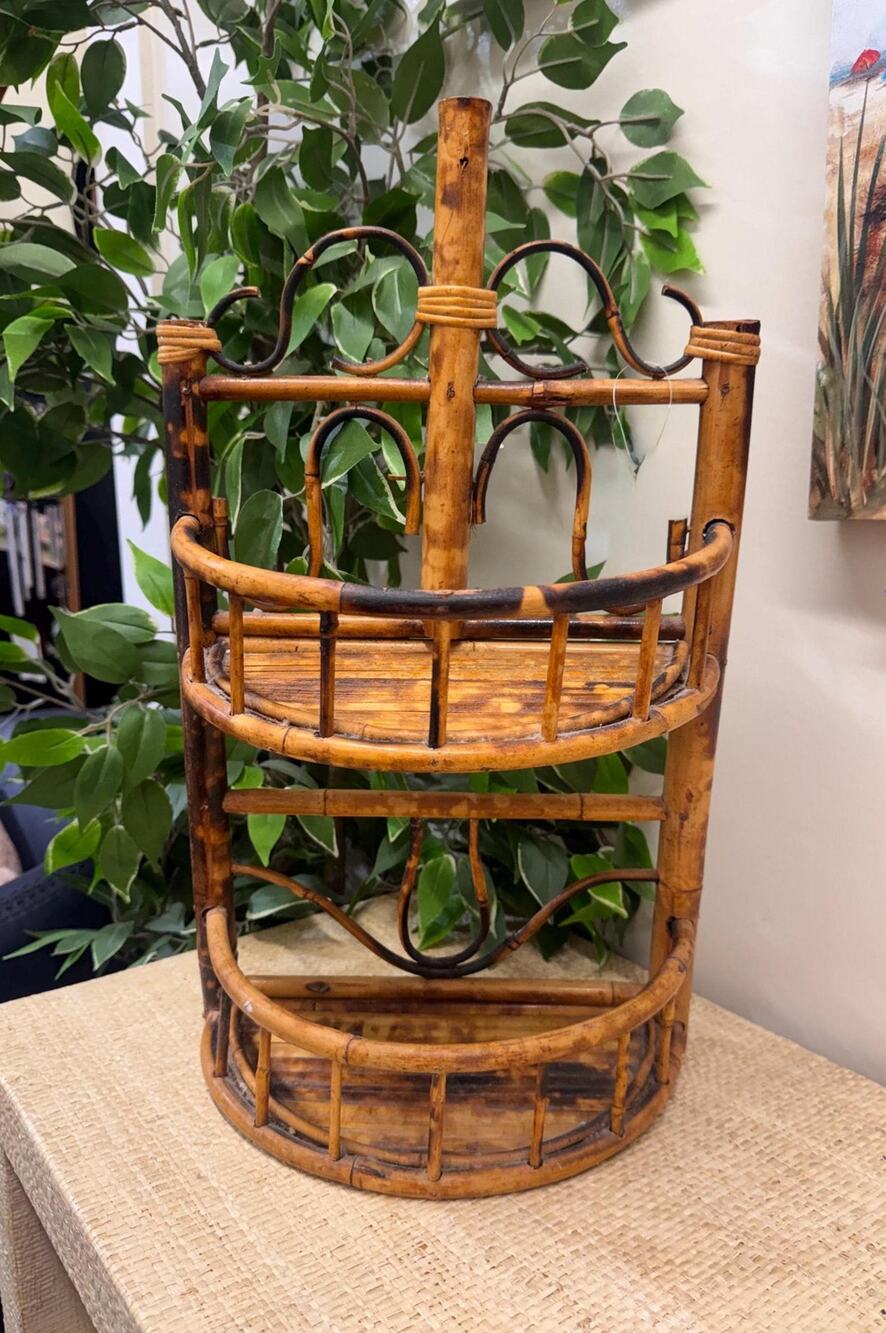 Vintage 1980s Burnt Bamboo Two Tier Shelf – Cane Wrapped Rattan Wall Decor